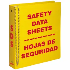 Red/yellow binder for organizing safety data sheets in industrial facilities, labs, and warehouses. Features a 1 1/2 in ring size, 11 in overall height, and 2 in overall depth. Holds standard SDS pages securely.
