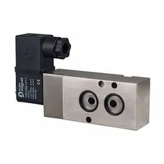 Single solenoid valve with NAMUR interface for direct mounting on quarter-turn actuators. Operates on 24V DC with 4 ports and 1/4 in NPT inlet and outlet. Suitable for controlling air or neutral gases in industrial automation and process control applications.