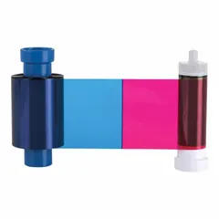 Full-color ribbon for ID card printers, delivering 250 prints per roll. Measures 5 1/8 inches in height and 3 1/8 inches in width. Used for printing photo IDs, access cards, and membership badges.