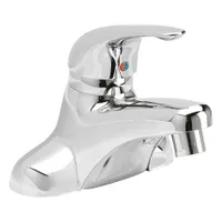 Centerset bathroom faucet with arc spout and chrome finish. Brass body. Flow rate 0.5 gpm. Includes flex hose. For use with bathroom sinks in residential or commercial settings