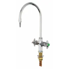 Single-post laboratory faucet with chrome finish and inline flow pattern. Features two handles and one outlet with IPS inlet connection. Red HW index identifies hot water side. Suitable for cold or hot water media in laboratory or industrial settings.