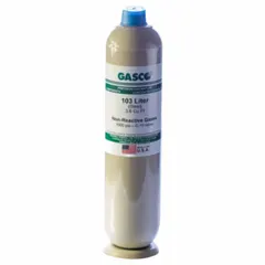 Disposable calibration gas cylinder containing methane 99.999% with nitrogen background gas. Designed for use with C-10 portable gas detectors. Cylinder capacity 103 L, fitted with CGA 103L-132-CP connection. Used to verify and adjust the accuracy of gas detection instruments in industrial safety applications.