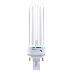 This 26-watt T4 fluorescent double twin-tube lamp operates at 3000K color temperature and is not dimmable. It features a G24d-3 2-pin base for use in compatible plug-in fixtures. Typical applications include downlights, wall sconces, and ceiling fixtures in commercial and industrial settings.