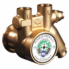 Low-lead brass body rotary vane pump head with 3/8" NPT ports, carbon vanes, standard relief valve, and 75-micron strainer. Maximum flow 118 gph. NSF 169 Listed. Used in beverage carbonation systems and other potable water applications.