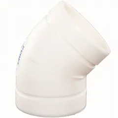 This 45-degree elbow is a Schedule 40, white, no-hub fitting made of polyvinylidene (PVDF). It has a 1-1/2 in x 1-1/2 in fitting pipe size and meets ASTM E-84 standards. Used in industrial piping systems to change flow direction by 45 degrees, it is suitable for applications requiring corrosion resistance.