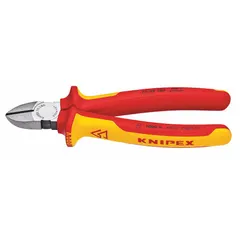 Straight, narrow-jaw diagonal-cutting pliers with 1 in jaw length and 7/8 in jaw width. Overall length 7 1/4 in. Features a spring-return mechanism and insulated handles. Designed for cutting soft wire in electrical applications.