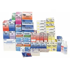 Bulk Type I industrial first aid kit refill serving 200 people with 3,051 components. Includes 125 adhesive bandages, 4 gauze rolls, 50 BZK wipes, and 50 sinus relievers. Latex free and OSHA compliant. Not water resistant. For restocking cabinets in industrial settings.