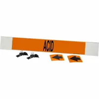 Orange fiberglass pipe marker with black legend 'Acid' and arrows, designed for pipes with outer diameter of 8 inches and larger. The marker is mounted with strapping and includes one pipe marker. Used to identify pipes carrying acid in industrial piping systems