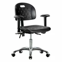 This ergonomic chair features a polyurethane seat and an aluminum base. It includes arms, a back tilt of 10.5° forward and 13.5° backward, and an adjustable height range from 17 3/4 in to 23 in. Suitable for laboratory and industrial workstations where seated tasks require adjustability. Not ESD safe