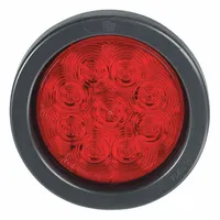 This LED stop light features a red round lens with a 4 5/16 in overall diameter and is designed for permanent grommet mounting. It connects via a wire harness and complies with SAE J1398 standards. Suitable for use as a stop light on vehicles requiring a bright red signal