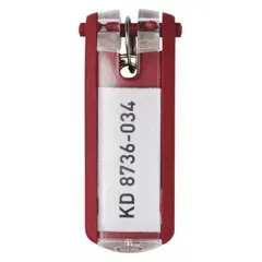 Rectangular red plastic key tags supplied as a 6-pack. Each tag has an overall height of 2 5/8 inches and features a blank label with inserts for custom marking. Suitable for organizing and identifying keys in facilities, offices, and maintenance departments.