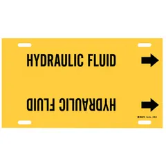 Yellow strap-on pipe marker with black legend reading 'Hydraulic Fluid' and directional arrows. Fits pipe outer diameters from 8 to 9-7/8 inches. Used to identify hydraulic fluid lines in industrial piping systems.