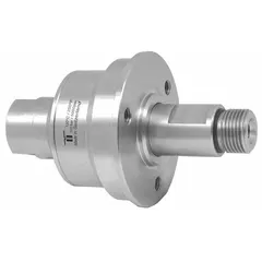 This MOSMATIC rotary union is a straight, plain 304 stainless steel rotating joint with a single passage for air service. It features a 3/8-inch rotating shaft and a carbide seal, supporting a maximum speed of 2,000 RPM. Used to transfer air from a stationary supply line into rotating machinery in industrial applications such as packaging, printing, and material handling.