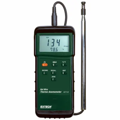 EXTECH Anemometer: 1 fpm Air Velocity Resolution, Hot Wire, Air Velocity/Temp - Hot Wire Air Velocity Meters