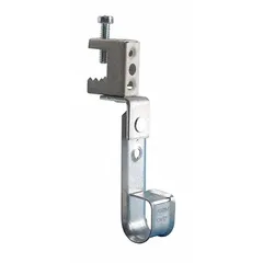 This beam mount J-hook is constructed from galvanized steel with a silver finish. It features a clamp-on attachment with a locking latch and supports 360° horizontal rotation, accommodating cable bundles up to 3/4 in diameter. Used for securing and routing cable bundles in industrial and commercial installations.