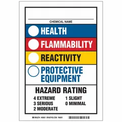 Blank write-on sign for HMIS/HMIG hazard rating systems. Designed for facility identification and safety labeling where custom hazard information needs to be marked manually.