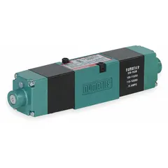Four-way, three-position solenoid air control valve with double solenoid, open center, non-locking operation and solenoid return. Plug-in design, 24V DC. Used in pneumatic systems to direct compressed air for actuating cylinders or other devices in industrial automation, packaging, and material handling.