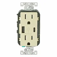 USB Receptacle: Duplex, 5-15R, USB Type A/C, Ivory, 125V AC, 15 A (MPN T5633-I)