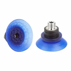 Bell type vacuum pad assembly for automated handling and lifting tasks. Features a 69.7 mm pad diameter, G1/4 in connection, and Elastodur ED material in blue with 85 A hardness. Suitable for robotic end-of-arm tooling and assembly lines requiring secure grip on smooth or slightly curved surfaces.