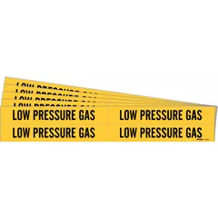 Yellow adhesive pipe marker with black legend reading 'Low Pressure Gas'. Designed for pipe outer diameters from 3/4 to 2-3/8 inches. Each pack contains 4 markers without arrows, sold in a 5-pack quantity. Used to identify low-pressure gas piping in industrial facilities.