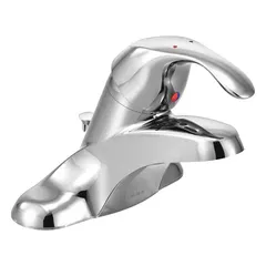 Centerset bathroom faucet with low arc spout. Brass construction with chrome finish. Flow rate of 2.2 gpm. Includes mounting hardware. Suitable for residential and commercial bathroom sinks.