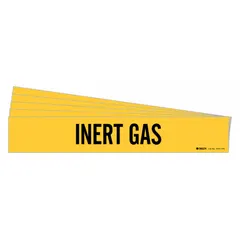 Yellow adhesive pipe marker with black 'Inert Gas' legend, designed for pipes with outer diameter of 8 inches and larger. Each pack contains 5 markers without arrows. Used to identify inert gas lines in industrial piping systems.