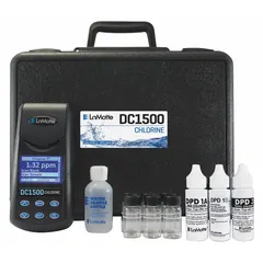 This single-parameter colorimeter measures chlorine concentration in water with 0.01 ppm resolution and 2% accuracy. It features a digital display, LED light source at 10 nm wavelength, and two measurement ranges. Includes a carrying case for portable use in water testing applications.