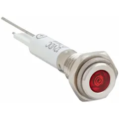 Red LED pilot light with flush head design for 6 mm panel mounting hole. Features a lead for soldering electrical connection. Used for visual status indication on industrial control panels and machinery.