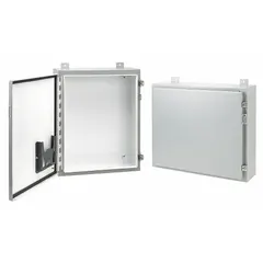This steel enclosure measures 42 x 30 x 8 inches and is rated NEMA 12/13 for protection against dust, dirt, and dripping non-corrosive liquids. It features a solid hinged cover secured by clamps and does not include knockouts. Suitable for indoor use in industrial environments to house electrical controls and components.