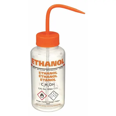 DYNALON Wash Bottle: 500 mL, Ethanol, Orange, Wide, Std Spout Spout, Colorless - Wide Mouthed Standard Spout Wash Bottles