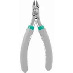 ESD-safe flush-cut diagonal-cutting pliers with an angled head and standard cushion grip. Overall length 4 1/2 in. Features a spring return for ease of use. Suitable for cutting hard wire in controlled environments where static discharge must be avoided.