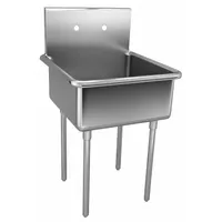 This freestanding sink features a single deep basin for washing pots, pans, and utensils. Overall height 48 in, length 27 1/2 in, width 27 in. Suitable for commercial kitchens and bar areas where a dedicated wash station is needed. Faucet not included