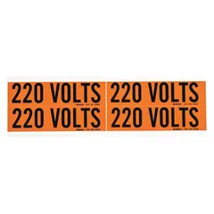 Self-stick vinyl B label with legend '220 Volts'. Measures 4 1/8 in width by 1 1/8 in height. Used for identifying 220-volt conduits and equipment in electrical installations.