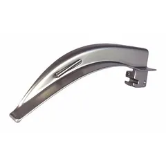 Reusable stainless steel laryngoscope blade with fiber optic illumination. MacIntosh design, size 4, overall length 6 3/8 inches. Silver finish. Used for airway management and intubation in adult patients.