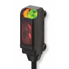 Rectangular photoelectric sensor with a 2 m non-terminated cable, operating on 12-24V DC with PNP output. Suitable for object detection in industrial automation, packaging, and material handling applications where space is limited.