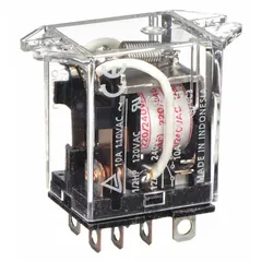 Surface-mounted relay from the LY Series with a square base and top flange mounting. Features DPDT contacts, 10 A current rating at 110V AC resistive load, and 220/240V AC coil voltage. Plug-in terminal connection for industrial switching and control applications such as motor starters, conveyor systems, and automation panels.