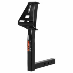 The CURT Spare Tire Mount (MPN 31006) measures 24 1/4 inches in height, 7 3/8 inches in overall width, and 15 3/4 inches in overall length. It is used to secure a spare tire on fleet vehicles, vans, or trucks for maintenance and roadside readiness.