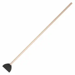 This floor scraper features a carbon steel blade with a straight shape and a hardwood handle. The blade is flexible, and the overall length is 6 inches. It is used for removing flooring materials, adhesives, and debris from surfaces in construction and renovation tasks.
