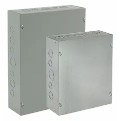 This NEMA 1 rated steel enclosure measures 15 x 15 x 4 inches and features a solid galvanized cover secured with screws. It does not include knockouts. Typical applications include housing electrical components, terminals, and wiring in dry indoor locations such as industrial control panels and junction boxes.