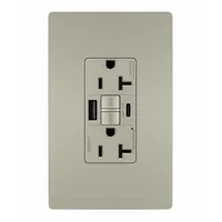 This weather-resistant duplex receptacle provides two USB ports (Type A and C) for device charging alongside a 5-20R AC outlet. Rated 125V AC and 20 A, it features a nickel finish and built-in GFCI protection. Suitable for indoor or outdoor areas requiring both AC power and USB charging