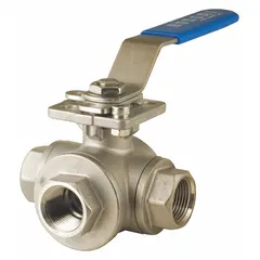 This three-way ball valve features a CF8M stainless steel body with an L flow pattern, allowing flow diversion between two of three ports. It has FNPT x FNPT x FNPT connections and a locking lever handle for manual operation. Suitable for use in industrial piping systems requiring corrosion resistance.