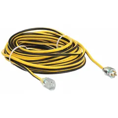 This 100-foot outdoor extension cord features a NEMA 5-15P plug and a single grounded outlet. The 12/3 SJTW jacket is rated for temperatures from -40° to 167°F, providing weather and abrasion resistance for temporary power to tools, lights, and equipment in outdoor environments.