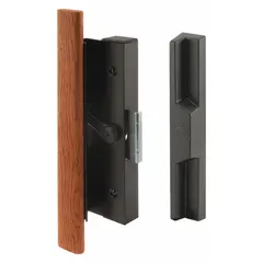 This recessed handle for sliding doors provides a flush-mount grip and locking function. It measures 9 3/4 inches in height, 7/8 inch in width, and 2 1/2 inches in length. Suitable for use on sliding doors in various settings where a low-profile handle is required.