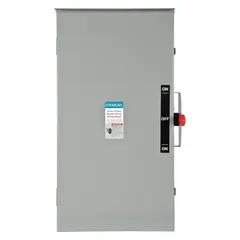 This Siemens non-fusible safety switch is rated for 200 A, single phase, 240V AC. It features a galvanized steel enclosure suitable for indoor and outdoor use. Designed for industrial and commercial applications, it provides a means to safely disconnect power for maintenance or emergency shutdown.
