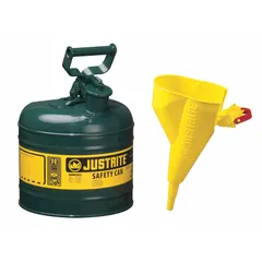 This 2-gallon oil safety can is constructed from powder-coated steel and includes a funnel for controlled pouring. Designed for handling and dispensing flammable liquids in industrial settings, it meets safety requirements for storage and transfer of oil.