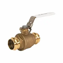 This JOMAR VALVE manual two-way ball valve features a full-port brass body with 1 1/4 inch press x press straight connections for fast installation without threading or welding. The locking lever handle provides secure on/off flow control. Suitable for commercial and industrial plumbing, HVAC, and water systems.