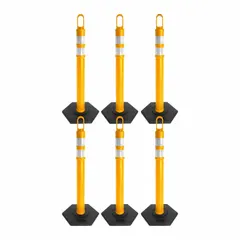 This portable delineator kit includes a yellow looper-top post with a 4-inch diameter and a weighted base, plus 40 feet of 2-inch reflective plastic chain. The overall height is 47 1/2 inches and the total weight is 135 lb. Used for temporary traffic control, lane marking, and pedestrian guidance in construction zones, parking lots, and event areas.