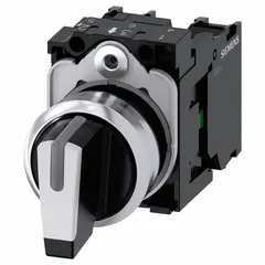 Panel-mount illuminated selector switch with a short-handled knob and plastic operator head. Offers three momentary positions (On/Off/On) with a 1NO contact configuration. Rated AC 10 A @ 500 V and DC 5 A @ 500 V. Suitable for industrial control panel applications requiring momentary switching, such as machine start/stop and mode selection.