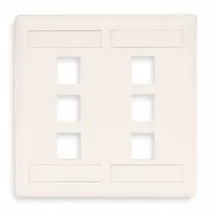 This 2-gang, 6-port keystone wall plate is made of white plastic and features a flat module style with vertical outlet orientation. It accommodates standard keystone jack modules for structured cabling installations in commercial or residential settings.