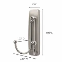 This adhesive-backed hook from COMMAND features a nickel finish and two points per hook. It is designed for indoor use to hang lightweight items such as keys, towels, or small tools without damaging walls. The hook measures 4 1/32 inches in height and 2 1/2 inches in width